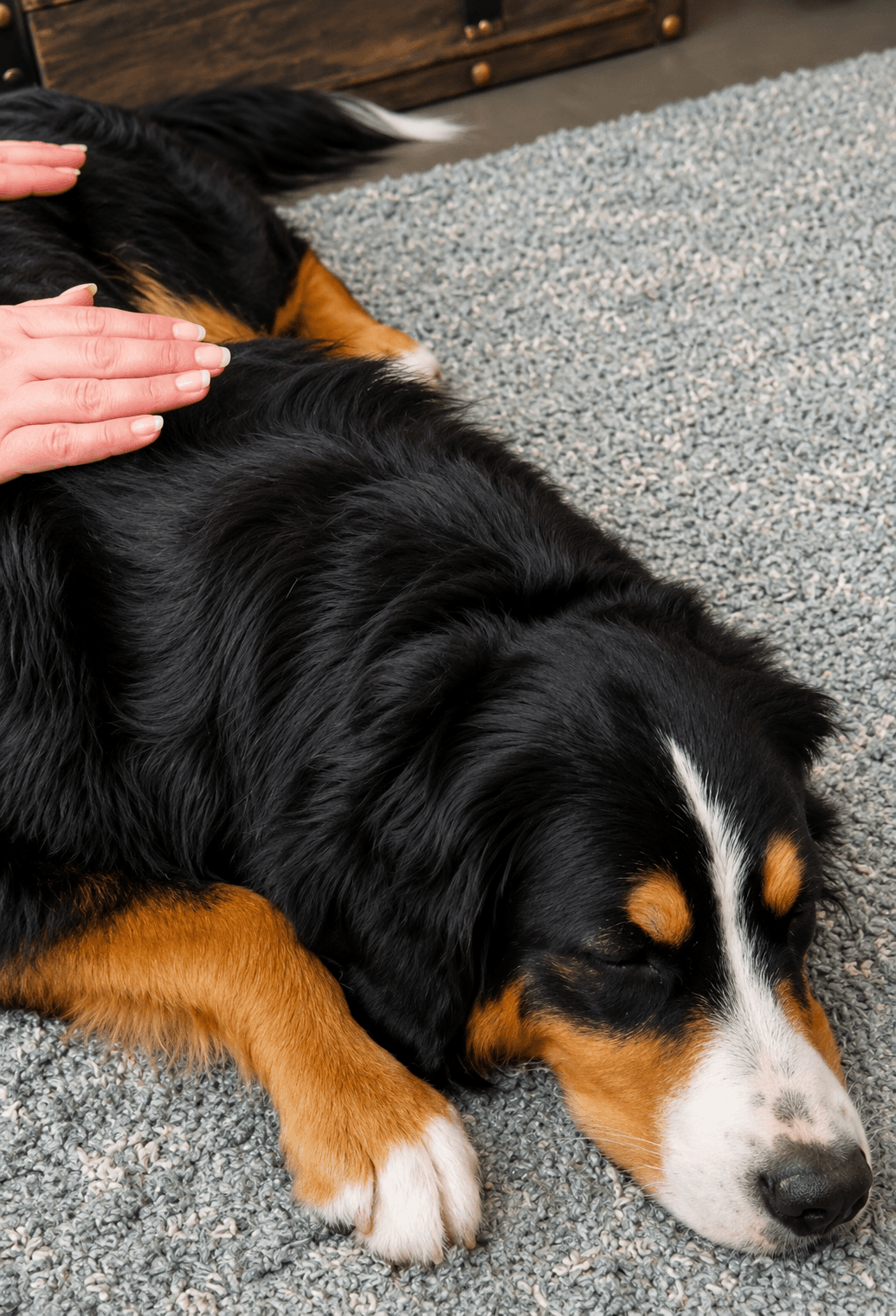 Hand ruht sanft auf einem liegenden Berner Sennenhund